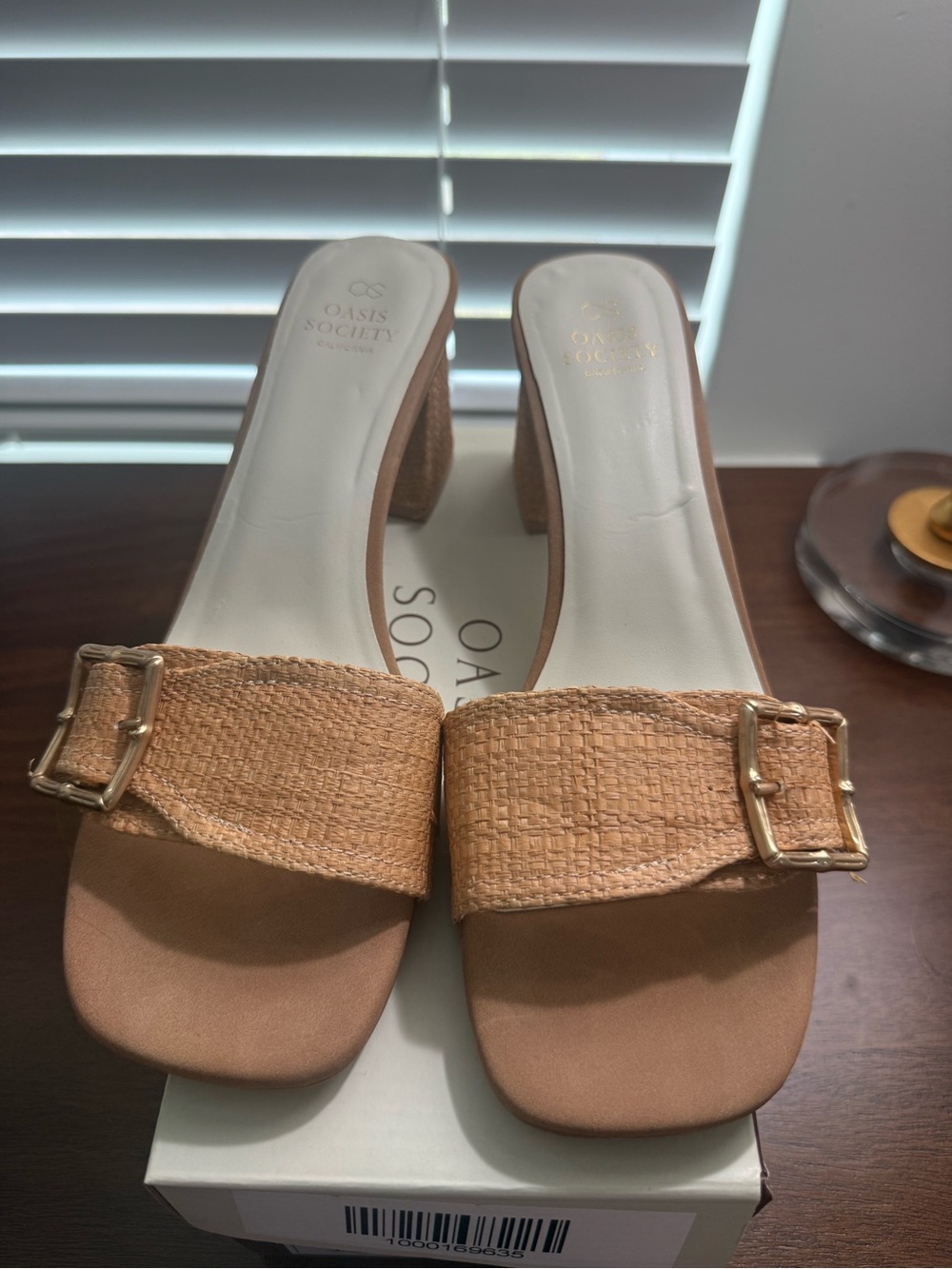 Oasis Society Tan Woven Buckle Slide Heel